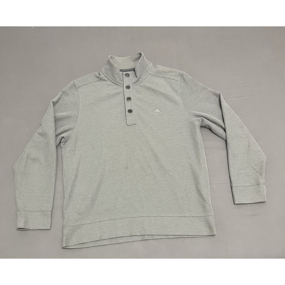 Tommy Bahama Mens Grey Ribbed 4-Button Mock Neck Pullover Sweater Size M